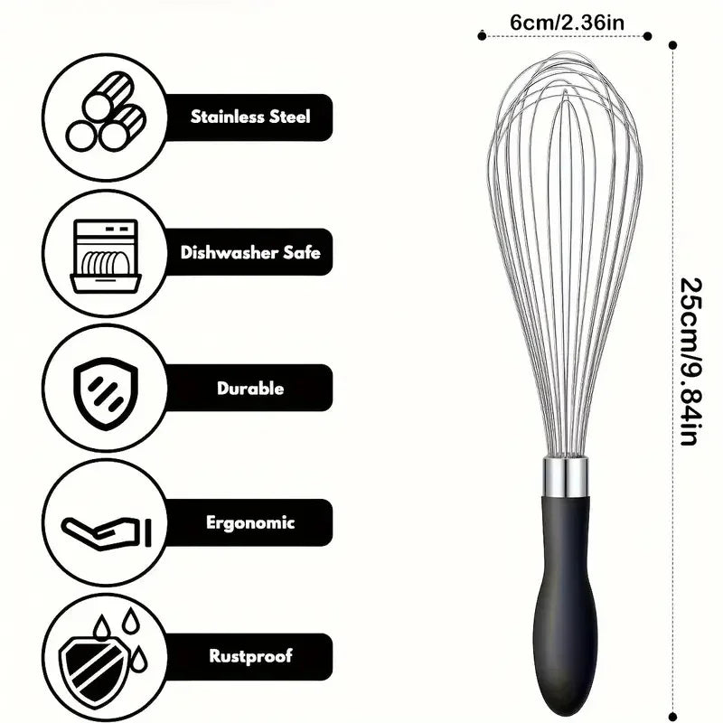 1pc Premium Stainless Steel Whisk - Ergonomic Soft-Grip Silicone Handle, Extra-Thick and Ultra-Durable for Blending, Beating, Wh - Sun Studio