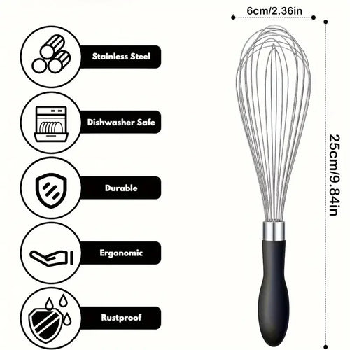1pc Premium Stainless Steel Whisk - Ergonomic Soft-Grip Silicone Handle, Extra-Thick and Ultra-Durable for Blending, Beating, Wh - Sun Studio