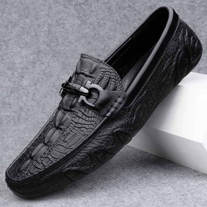 Mens Slip On Loafers Genuine Leather Casual Shoes Driving Moccasins Flats Luxury Brand Classic Black Handmade - Sun Studio
