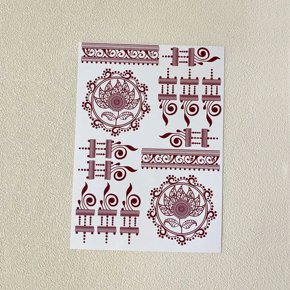 Waterproof Flower Hand Tattoo for Women Maroon Henna Tattoo Stickers for Hand Fingers Body Art Disposable Fake Tattoo Festival
