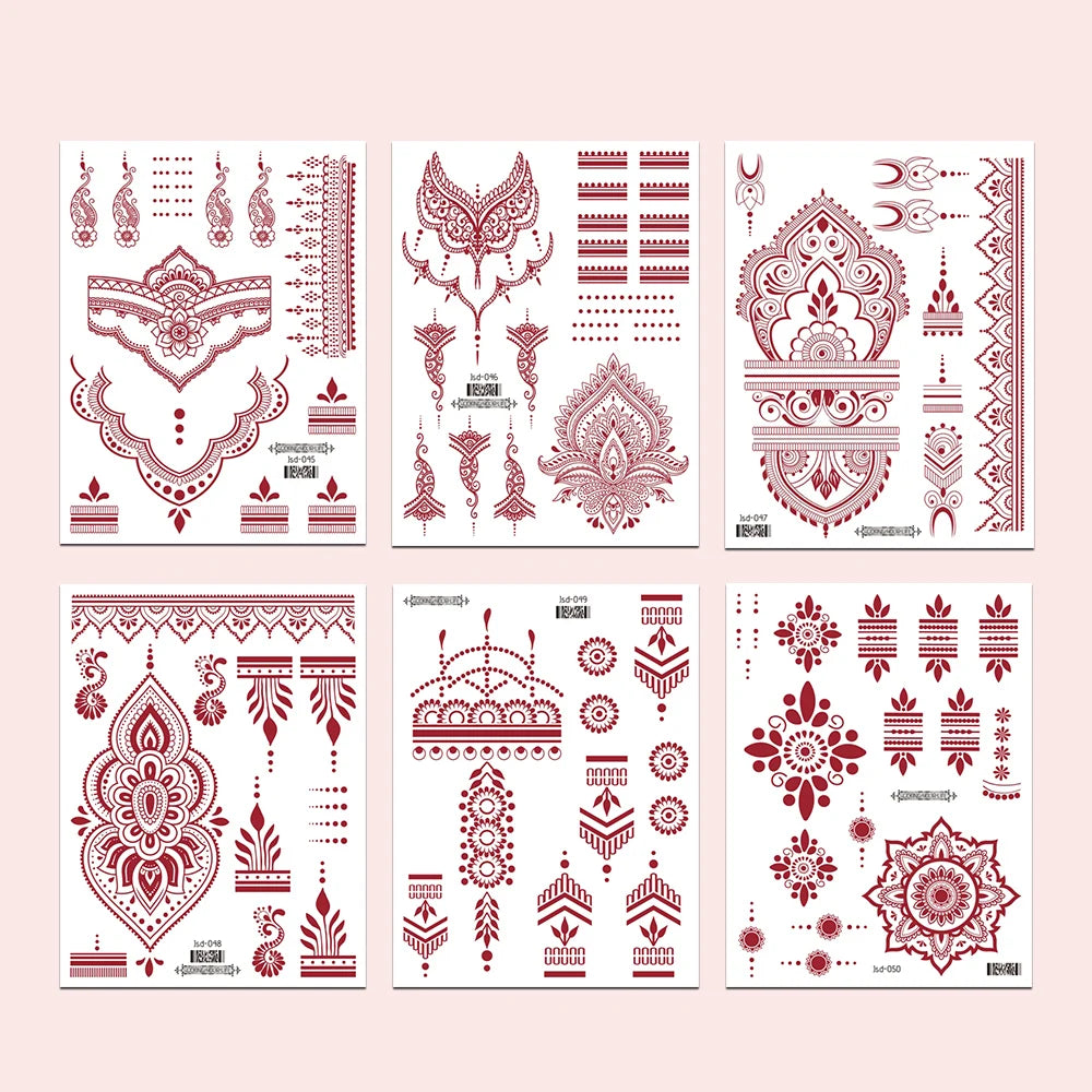 6 Sheets India Mehndi Design Brown Red Maroon Tattoo Stickers, Water Transfer Fake Henna Tattoos For Women Full Hand Tattoos - Sun Studio