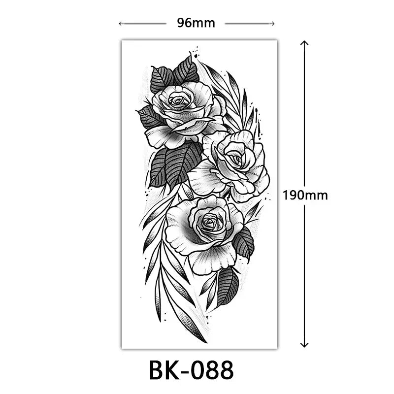 Rose Blossom Tattoo Temporary Waterproof Butterfly Fake Tattoo for Woman Black Flower Sketch Tattoo Sticker