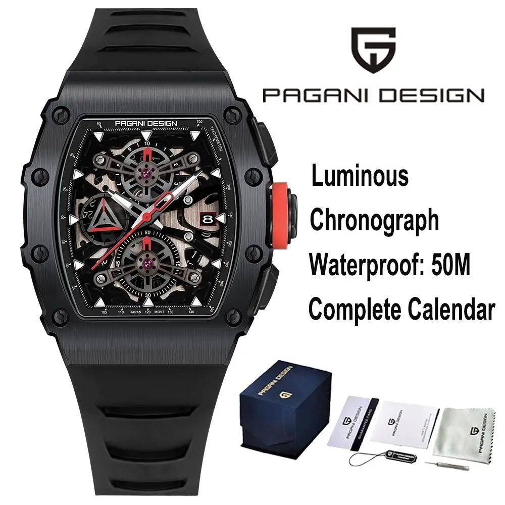 PAGANI DESING Men's Quartz Watches Skeleton Dial 100M Waterproof Sport Rectangle Sapphire glass Watch for Men - Sun Studio