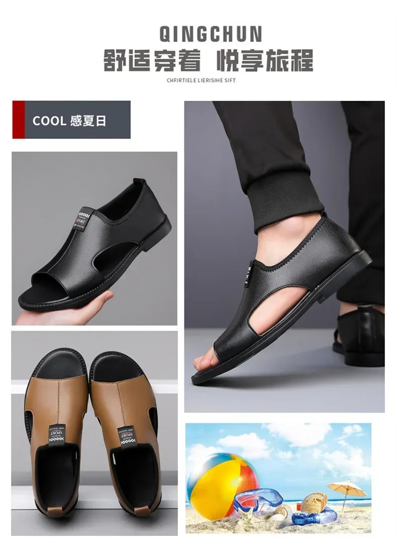 Sandals for Men Brand Casual Shoes Outdoor Fashion Men's Slippers Comfortable Beach Shoes High Quality Leather Man Flat 2025 - Sun Studio