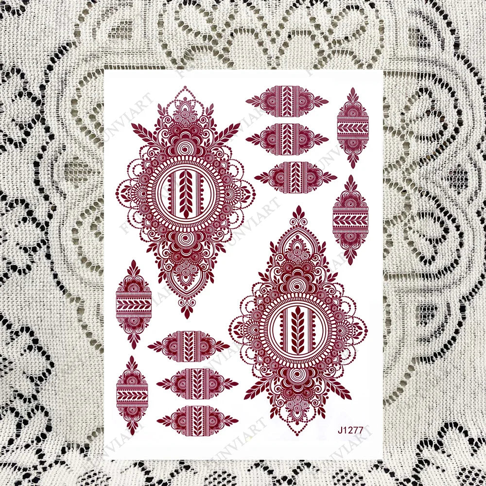Brown Henna Tattoo Stickers for Hand Foot Waterproof Temporary Tattoos for Women Maroon Color Fake Tattoo for Wedding Body Art - Sun Studio