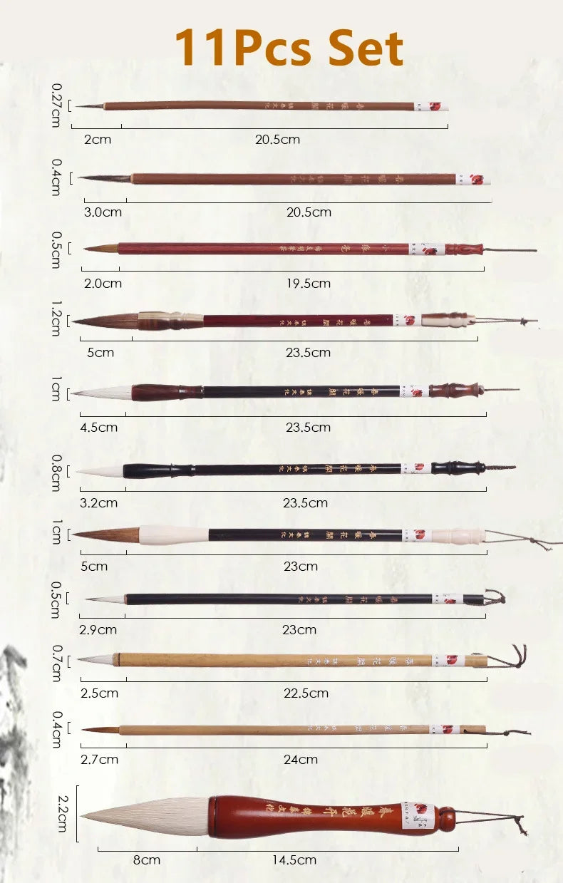 7/11Pcs Chinese Calligraphy Brush Set Kanji Japanese Sumi Painting Drawing Artist Writing Brushes With Roll-up Bamboo Pen Bag - Sun Studio