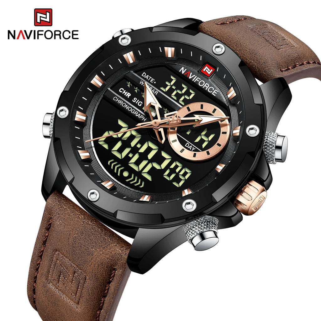 NAVIFORCE Luxury Original Watches For Men Casual Sport Chronograph Alarm Quartz WristWatch Leather Waterproof Digital Clock 9163 - Sun Studio