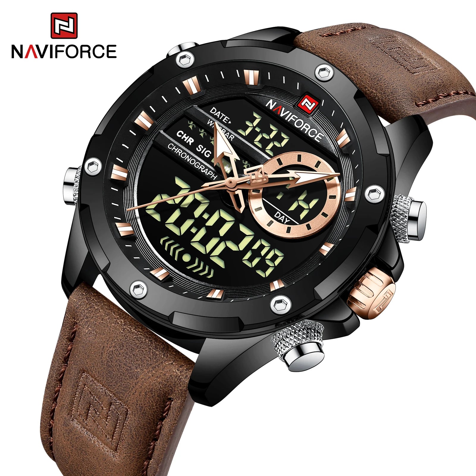 NAVIFORCE Luxury Original Watches For Men Casual Sport Chronograph Alarm Quartz WristWatch Leather Waterproof Digital Clock 9163 - Sun Studio