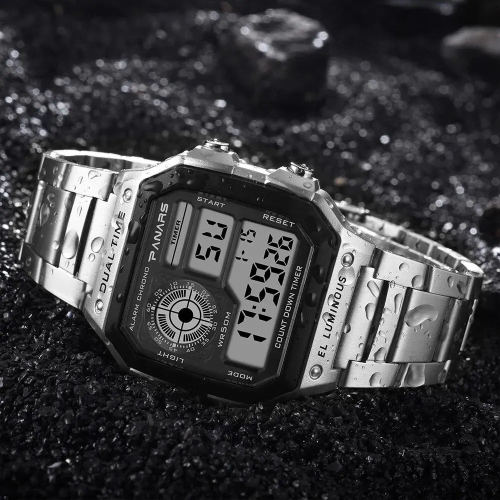 PANARS Top Luxury Stainless Steel Strap Sport Watches Mens Waterproof Back Light Digital Wristwatch Male Alarm - Sun Studio
