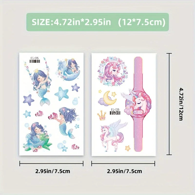 12 Sheets Glitter Mermaid Tattoo Stickers For Kids Cute Unicorn Temporary Tattoos Body Art Fake Tattoo Birthday Party Favors - Sun Studio