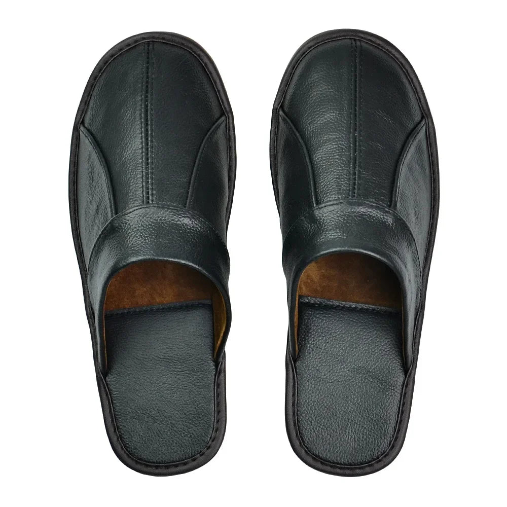 Men's Luxury Cow Split Leather Handmade Men Home Slippers Spring Slip on Soft Comfortable Black Brown Bedroom Indoor Flat Shoes - Sun Studio
