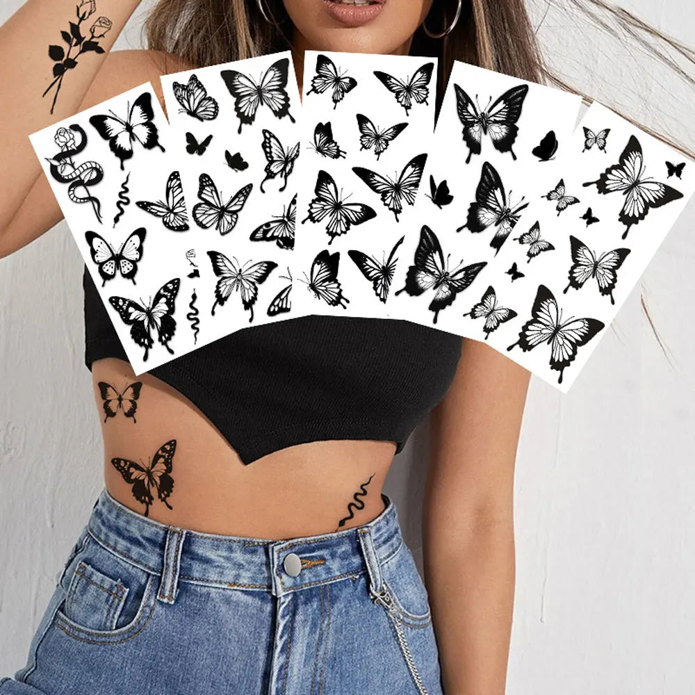 Black Butterfly Temporary Tattoos for Women Men Waterproof Snake Tattoo Stickers for Hand Arm Fake Tattoo Body Decor - Sun Studio