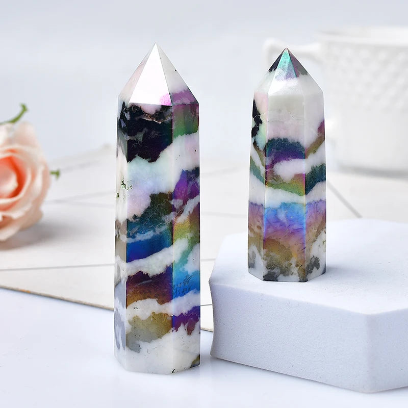Natural Aura Stone Crystal Point Healing Obelisk Black and White Zebra Quartz Wand Beautiful Ornament for Home Decor Pyramid - Sun Studio