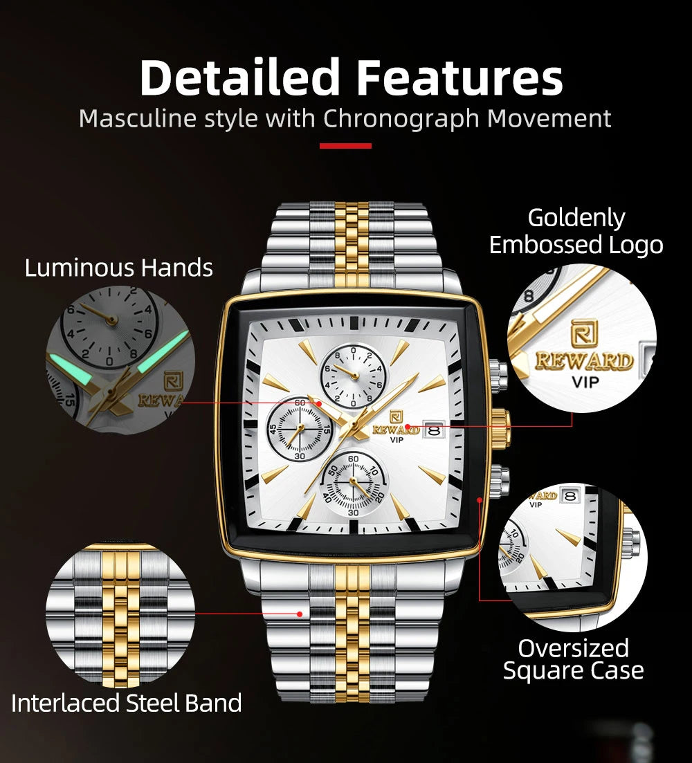 REWARD Fashion Square Dial Watch for Men Stainless Steel Waterproof Quartz Chronograph Mens Watches Luxury Sport Male Clock - Sun Studio