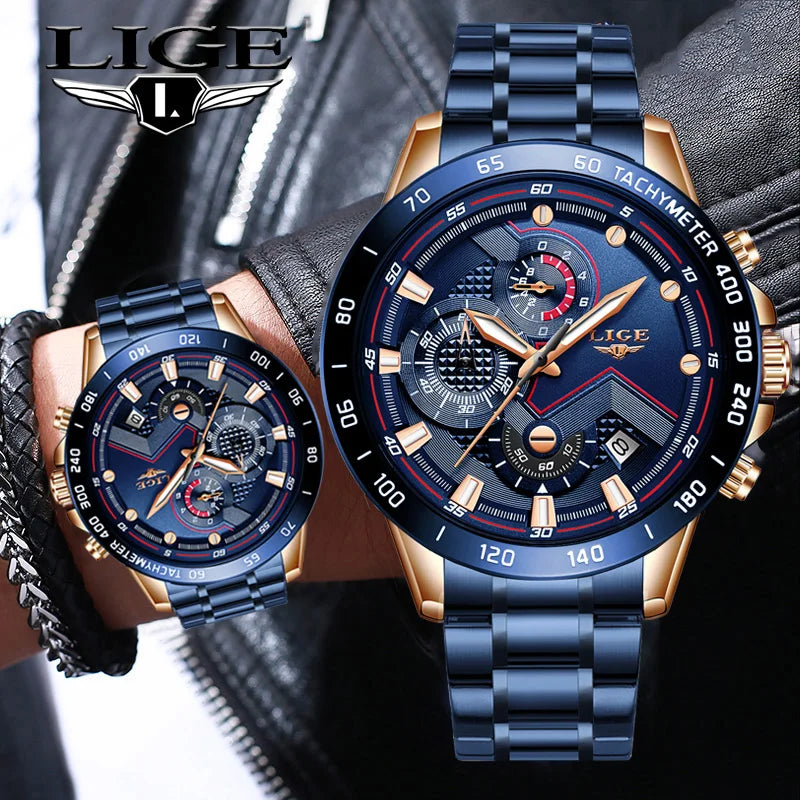 2025 New LIGE Fashion Mens Watches Stainless Steel Top Brand Luxury Sport Chronograph Quartz WithWatch For Men Relogio Masculino - Sun Studio