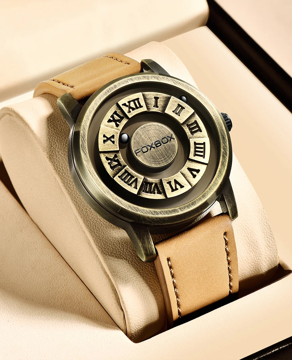 FOXBOX Men's Quartz Watch Fashion Personality Creative Scrolling Iron Ball Magnetic Pointer Waterproof for Male Watches Gift+Box - Sun Studio