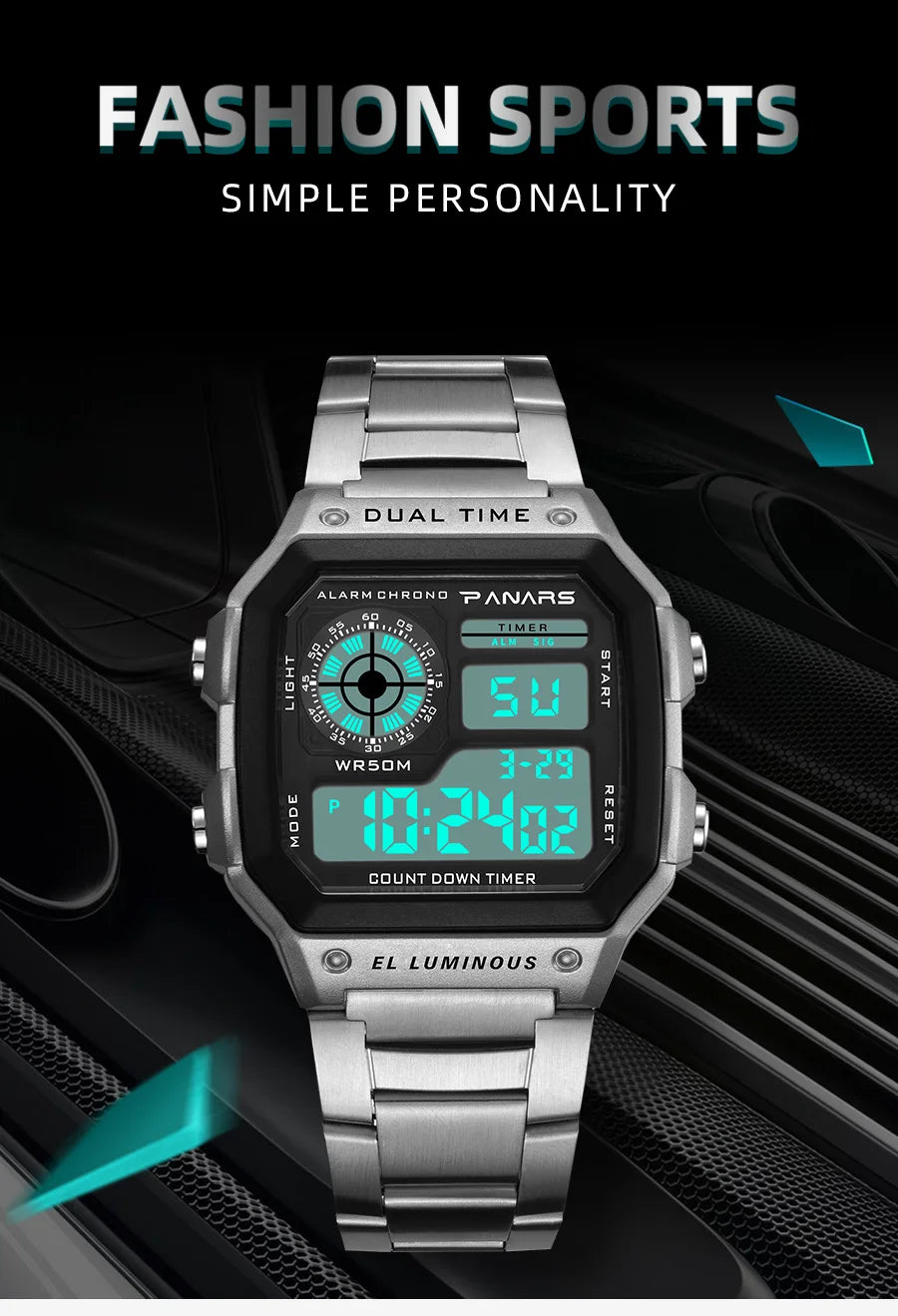 PANARS Top Luxury Stainless Steel Strap Sport Watches Mens Waterproof Back Light Digital Wristwatch Male Alarm - Sun Studio