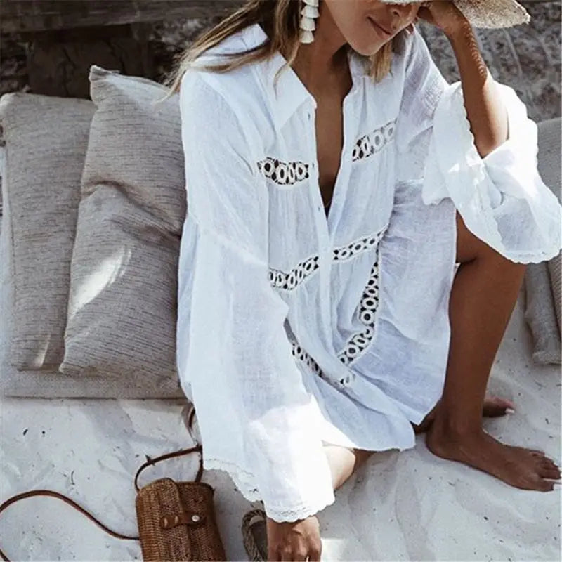 Women Summer Fashion Beach Tops Swimsuit Cover Up Summer Long Sleeve White Pocket Button Front Open Shirt Dress N648 - Sun Studio
