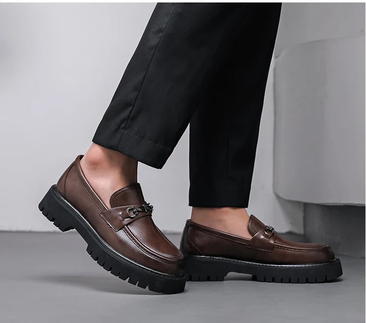 STRONGSHEN Men Leather Shoes Thick-soled British Style Formal Business Shoes Fashion Luxury Slip-On Round Toe Office Casual Shoe - Sun Studio