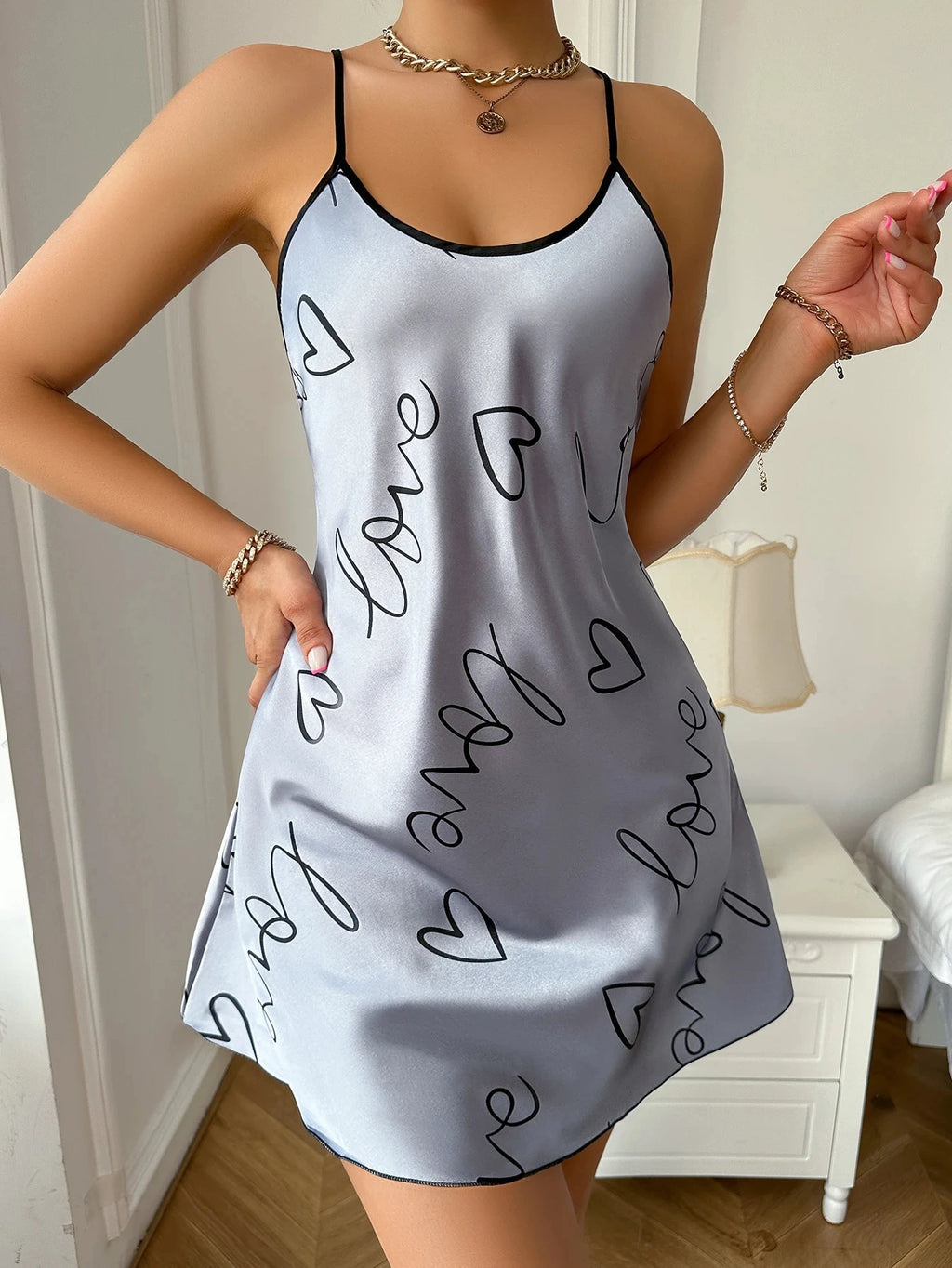 Heart Letter Print Nightdress Casual Round Neck Spaghetti Strap Sleep Dress Women's Sleepwear Dresses - Sun Studio