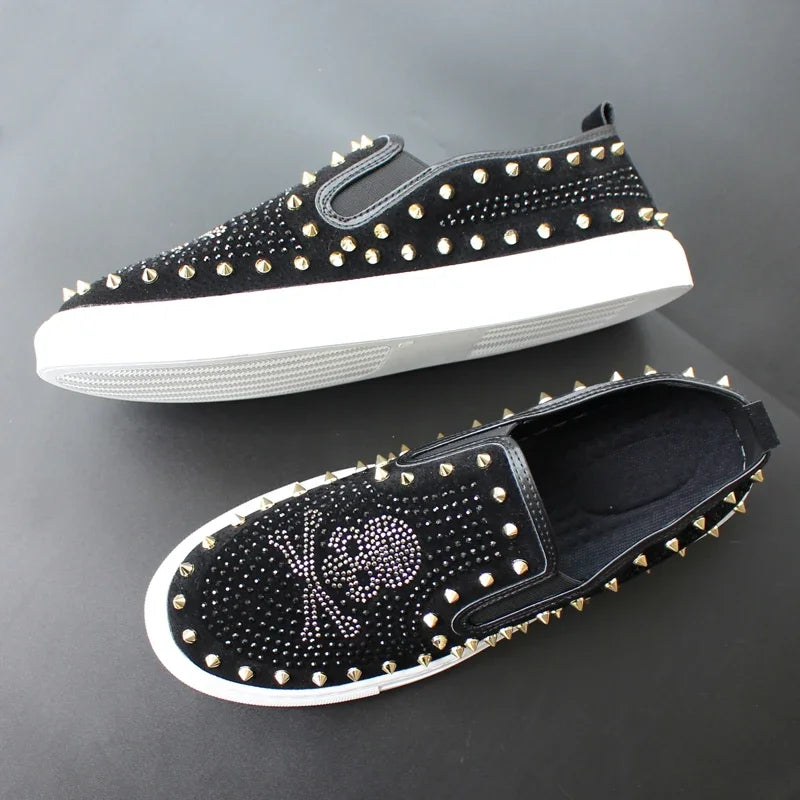 2025 New Shoes for Men Tide Leather Casual Shoes Spring Autumn Cool Skull Rivet Flat Shoes Leisure Slip-on Loafers - Sun Studio