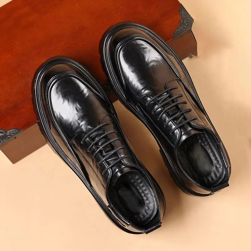 Round Toe Height Increasing Thick Sole Black Leather Shoes for Men Low Price High Quality Social Fashion New in Man Casual Shoe - Sun Studio