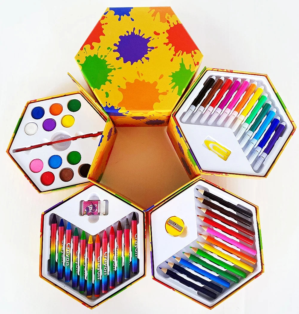 53pcs Multilayer Cartoon Art Pencil Set Kids Painting Set Hexagon Color Box Pencil Drawing Art Set - Sun Studio