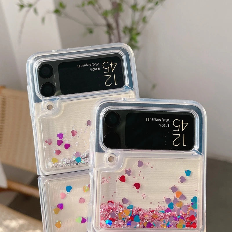 for Samsung Z Flip 7 Luxury Glitter Quicksand Case For Samsung Galaxy Z Flip 7 6 5 4 3 ZFlip 7FE Gradient Love Heart Bling Cover - Sun Studio