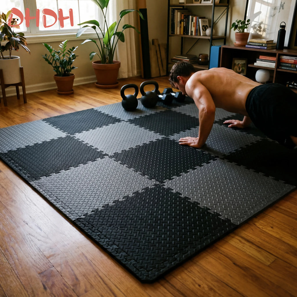 Gym Floor Mat for Home Workout Anti-Slip Rubber Exercise Mat with Interlocking Design, Durable Fitness Rug Weightlifting & Yoga - Sun Studio