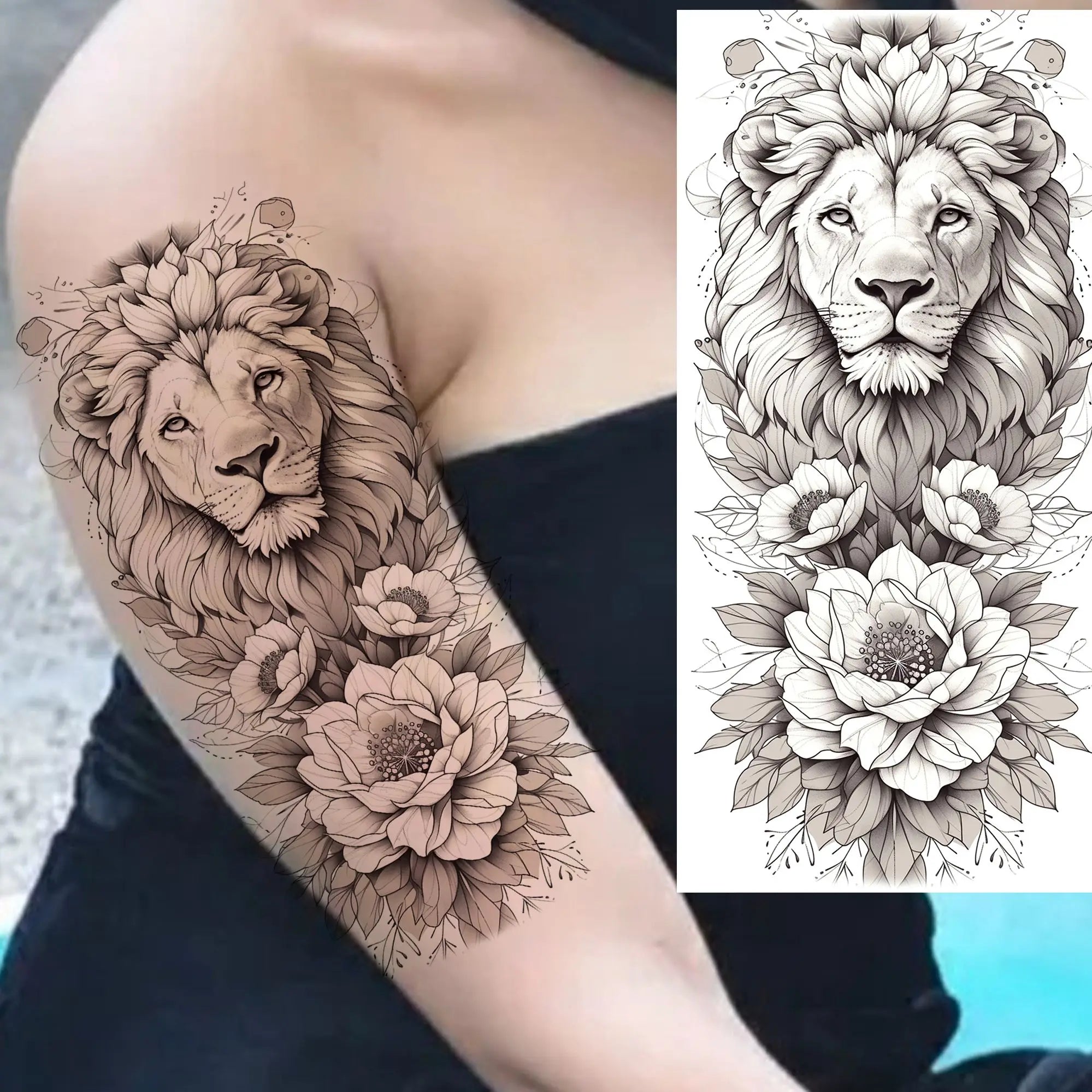 1 Blatt Schönes Schildkröte mit Blumen Temporäre Tattoos Elefant Löwe Tattoos Wasserdicht Realistische Tiere Fake Tattoos Aufkleber