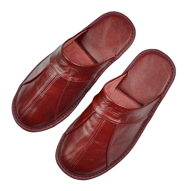 Men's Luxury Cow Split Leather Handmade Men Home Slippers Spring Slip on Soft Comfortable Black Brown Bedroom Indoor Flat Shoes - Sun Studio