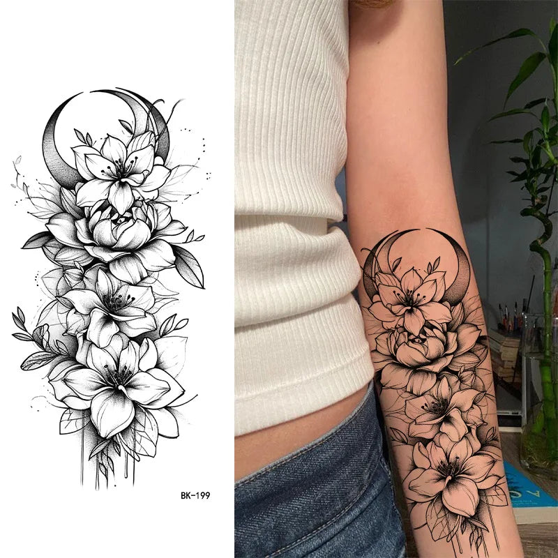 Black White Temporary Transfer Tattoos Floral Butterfly Lettering Line Art Waterproof Body Stickers for Music Festival Party