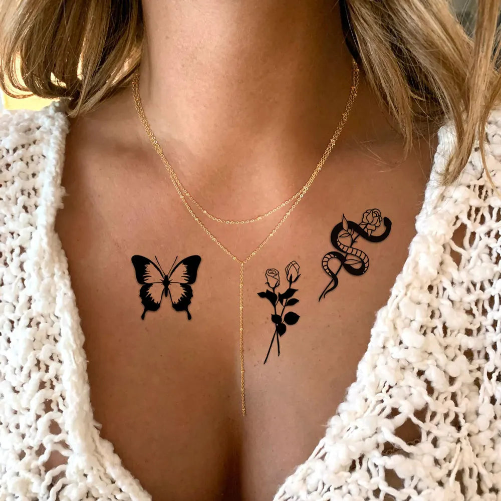 Black Butterfly Temporary Tattoos for Women Men Waterproof Snake Tattoo Stickers for Hand Arm Fake Tattoo Body Decor - Sun Studio