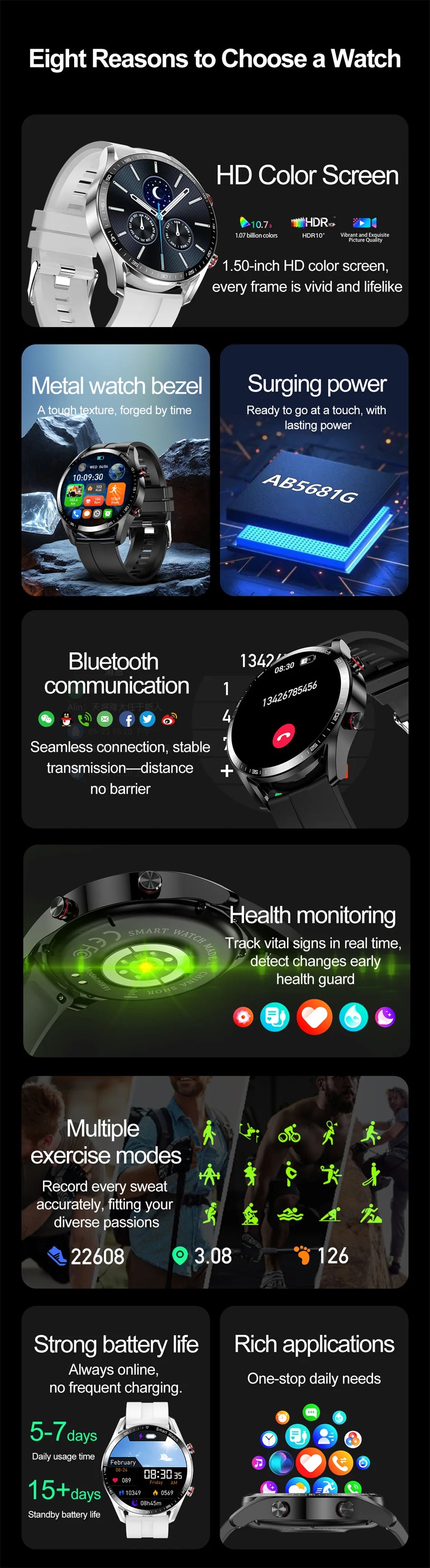 ChiBear New 1.53inch Bluetooth Call Smart Watch Men Multi-Sport Mode Heart Rate Health Monitoring Waterproof Business Smartwatch - Sun Studio