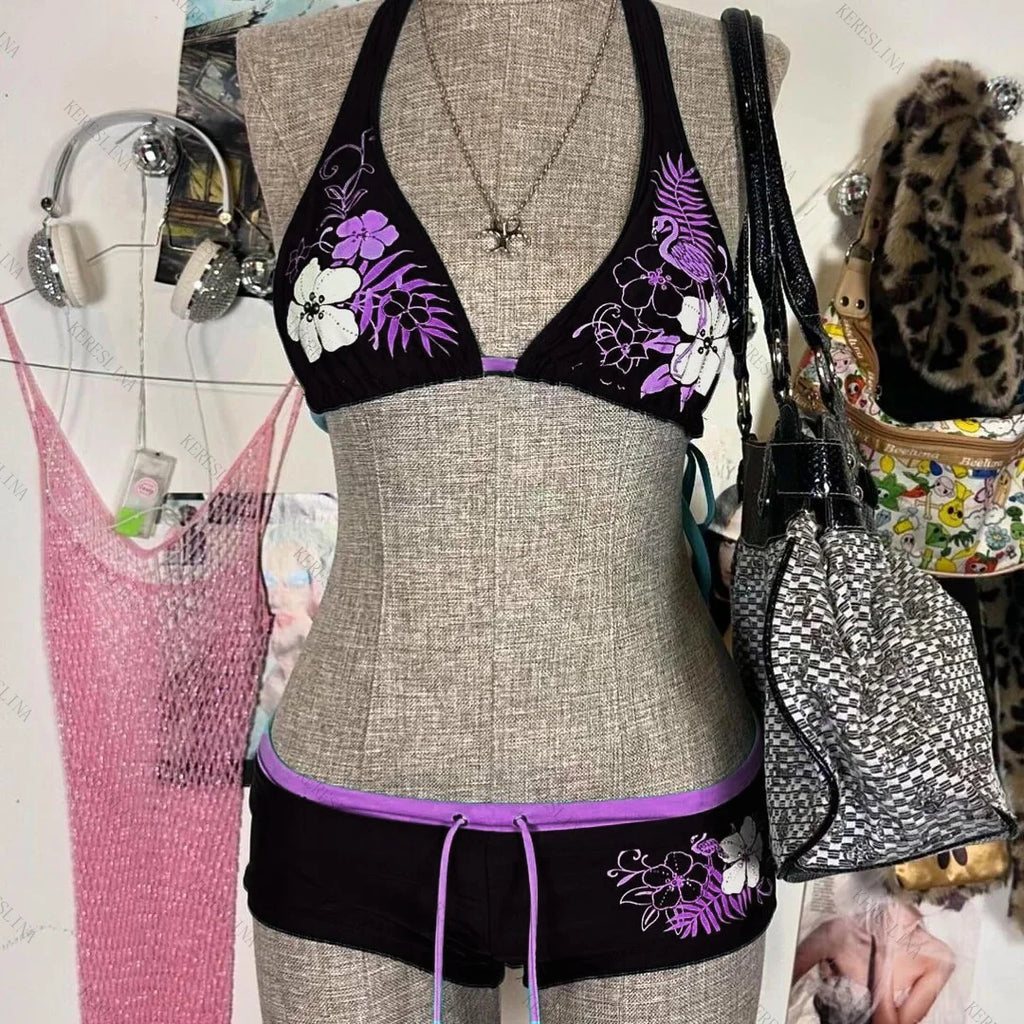 Y2k Vintage Flower print Cutie 2 set Bikini Swimsuit Sexy Women Bathing Fashion Halter Strap Swimwear High Street Beach Female - Sun Studio