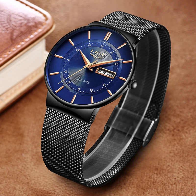 LIGE 2024 Montres de luxe pour hommes Étanche Ultra Mince Date Horloge Homme Bracelet en acier Montre à quartz décontractée Hommes Montre de sport Homme