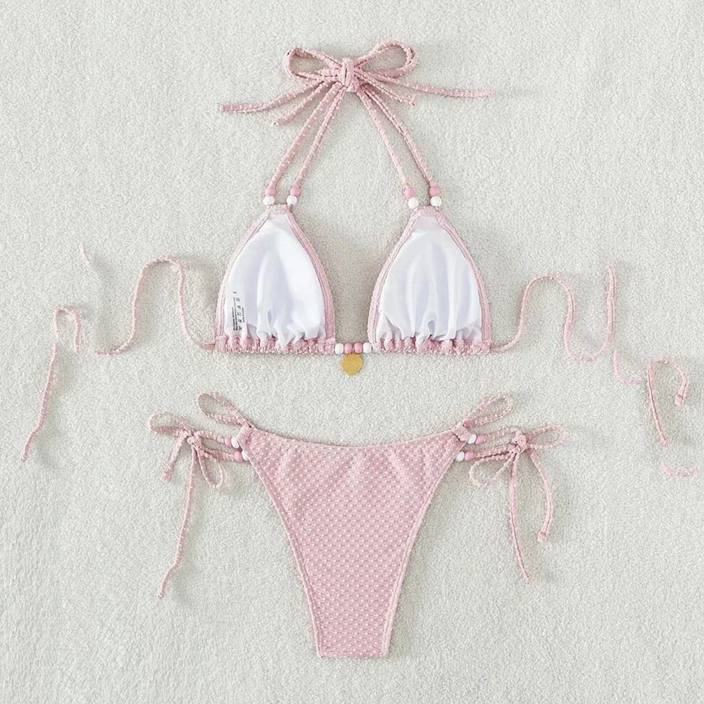 Sexy Pink Micro Thong Bikinis Sets Bead String Halter Swimwear Women Mini Swimsuit Bathing Suit Lace-up Biquinis Triangle Bikini - Sun Studio