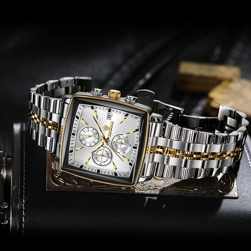 Square Men Chronograph Multifunction Watches Date For Male Clock Quartz Stainless Steel Band Wrist Watches Men Trendy Fashion - Sun Studio