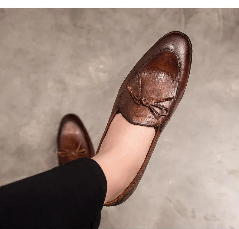 Genuine Leather Men Loafers Handmade Square Toe Butterfly-knot  Solid Handmade  Zapatos De Vestir Hombre - Sun Studio