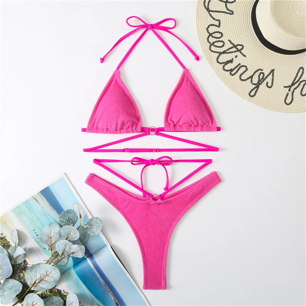 Micro String Extrem Bikini Orange Y2K Triangle Backless Swimsuit Toweling Rings Vacation Swimwear Women Push Up Beach Bath Suits - Sun Studio