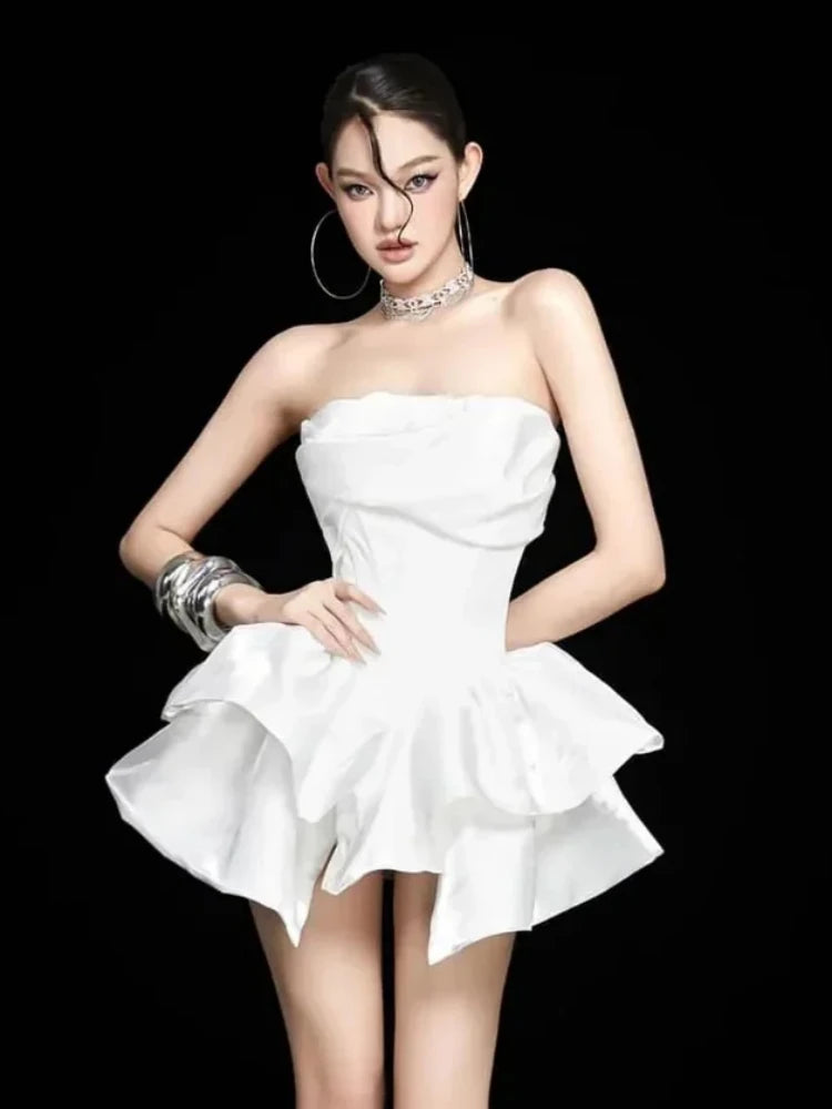 Sexy Strapless Ruffles Folds Patchwork Mini Dress Women White Black Sleeveless Irregular A-line Dresses Evening Party Cocktail - Sun Studio