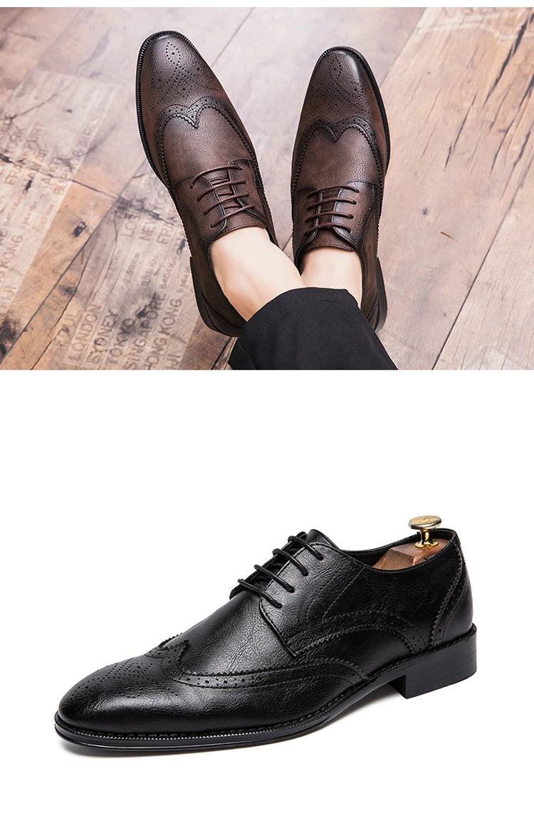 Lace-up casual leather shoes Men's wedding carved Brogues men's formal business pointed shoes Groom's leather shoes - Sun Studio