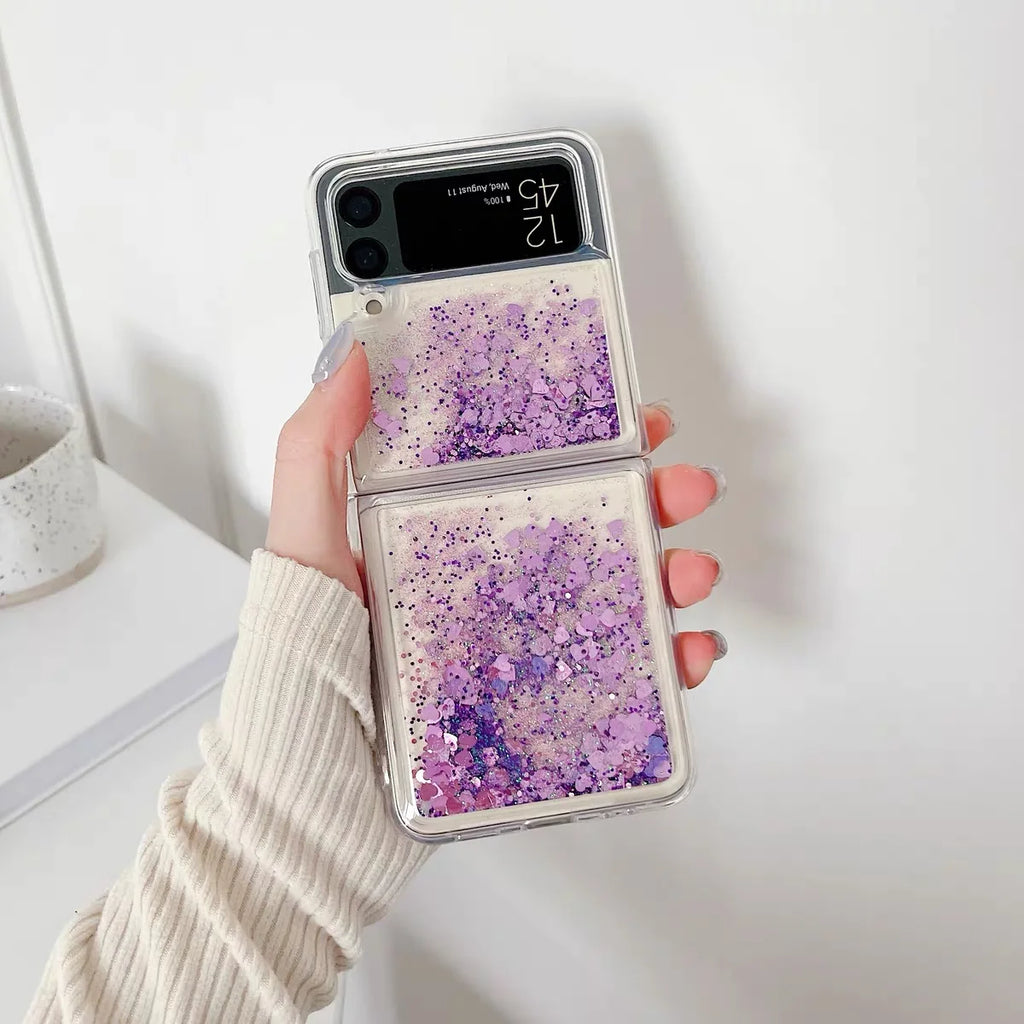 for Samsung Z Flip 7 Luxury Glitter Quicksand Case For Samsung Galaxy Z Flip 7 6 5 4 3 ZFlip 7FE Gradient Love Heart Bling Cover - Sun Studio