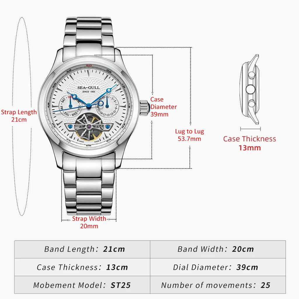 Sea-Gull Mechanical Men's Watch Hollow Flywheel Automatic Watch Multifunction 316L Stainless Steel Calendar Brand Watches M160S - Sun Studio