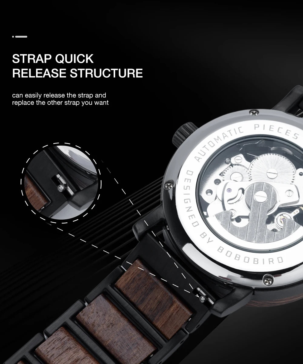 BOBO BIRD New Mechanical Watches for Men Luxury Wood and Stainless Steel Skeleton Customized Automatic Watch relojes mecánicos - Sun Studio