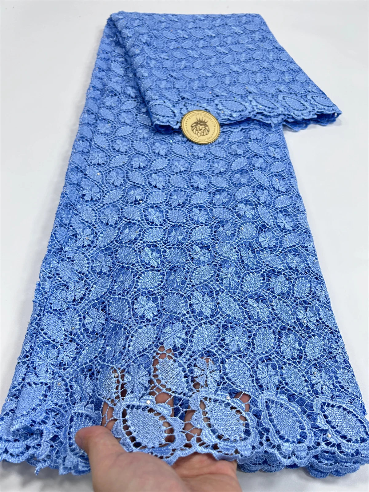 2024 Peach African Guipure Cord Lace Fabric with Stones Chemical Lace Fabric Water Soluble Lace For Women Evening Party Dresses - Sun Studio
