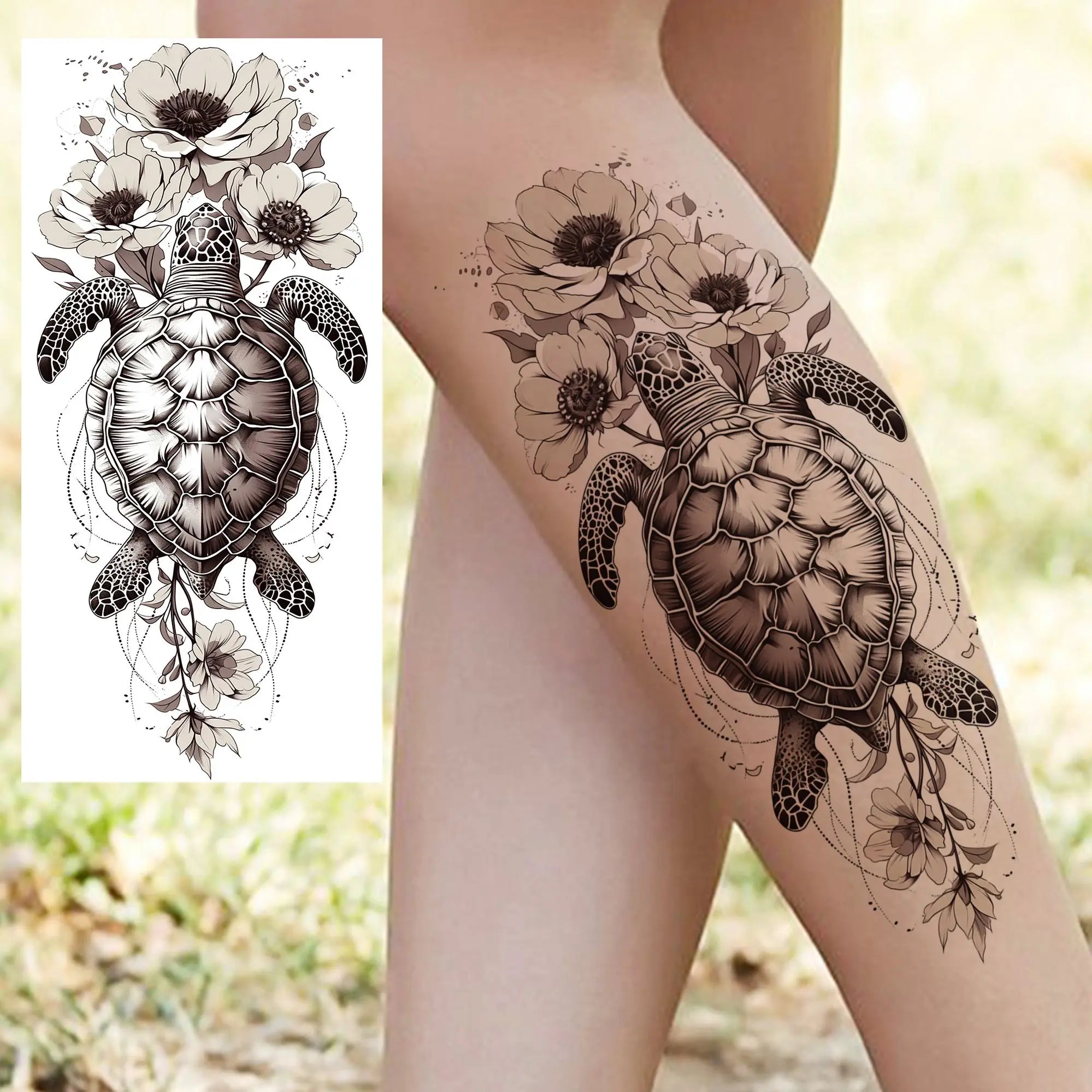1 Sheet Beautiful Turtle With Flowers Temporary Tattoos Elephant Lion Tatoos Waterproof Realistic Animals Fake Tattoos Stickers - Sun Studio