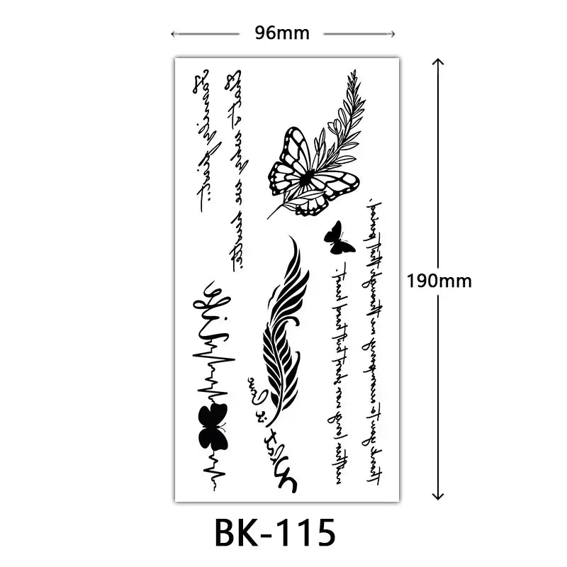 Rose Blossom Tattoo Temporary Waterproof Butterfly Fake Tattoo for Woman Black Flower Sketch Tattoo Sticker