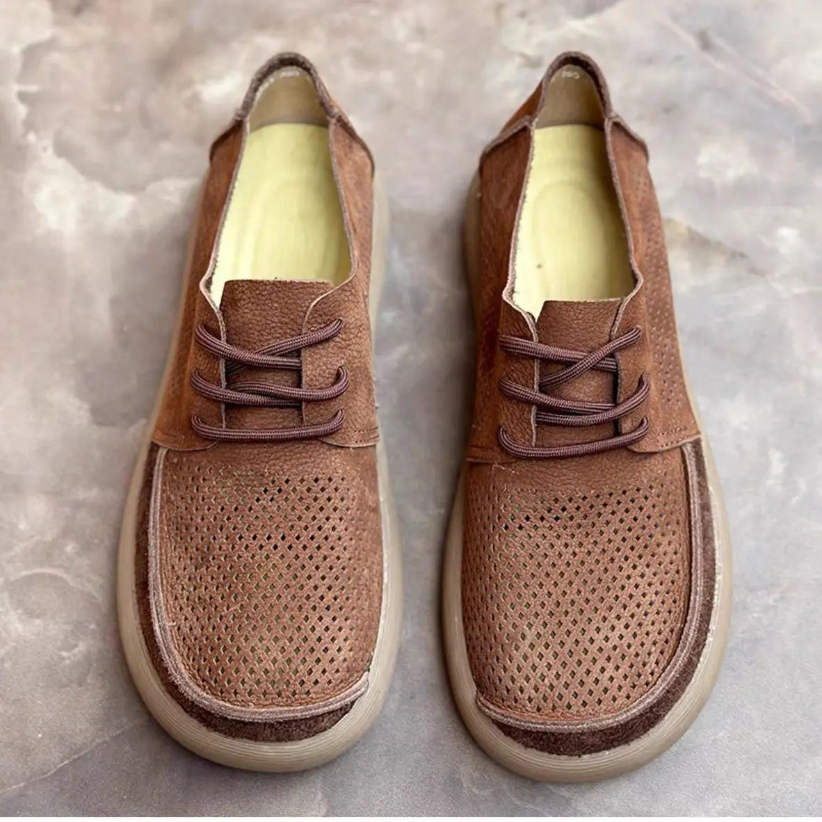 Wide toe hollow natural leather shoes men's 2025 summer new cowhide punched breathable soft leather soft sole singlecasual shoes - Sun Studio