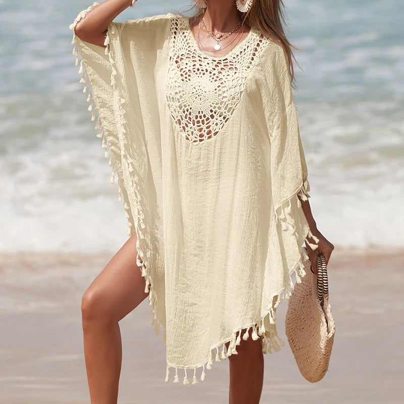 Women's Handmade Crochet Splicing Swimsuit Cover-Ups With Tassel Summer Holiday Beach Casual Loose Sunscreen Short Dress - Sun Studio